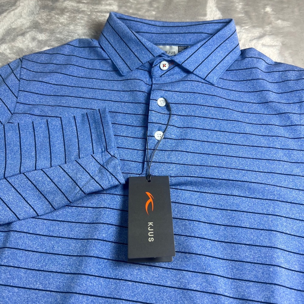 NWT KJUS Mens 52 L Soren Mel Stripe Polo L/S Blue Striped UPF 50+ MG60-L17